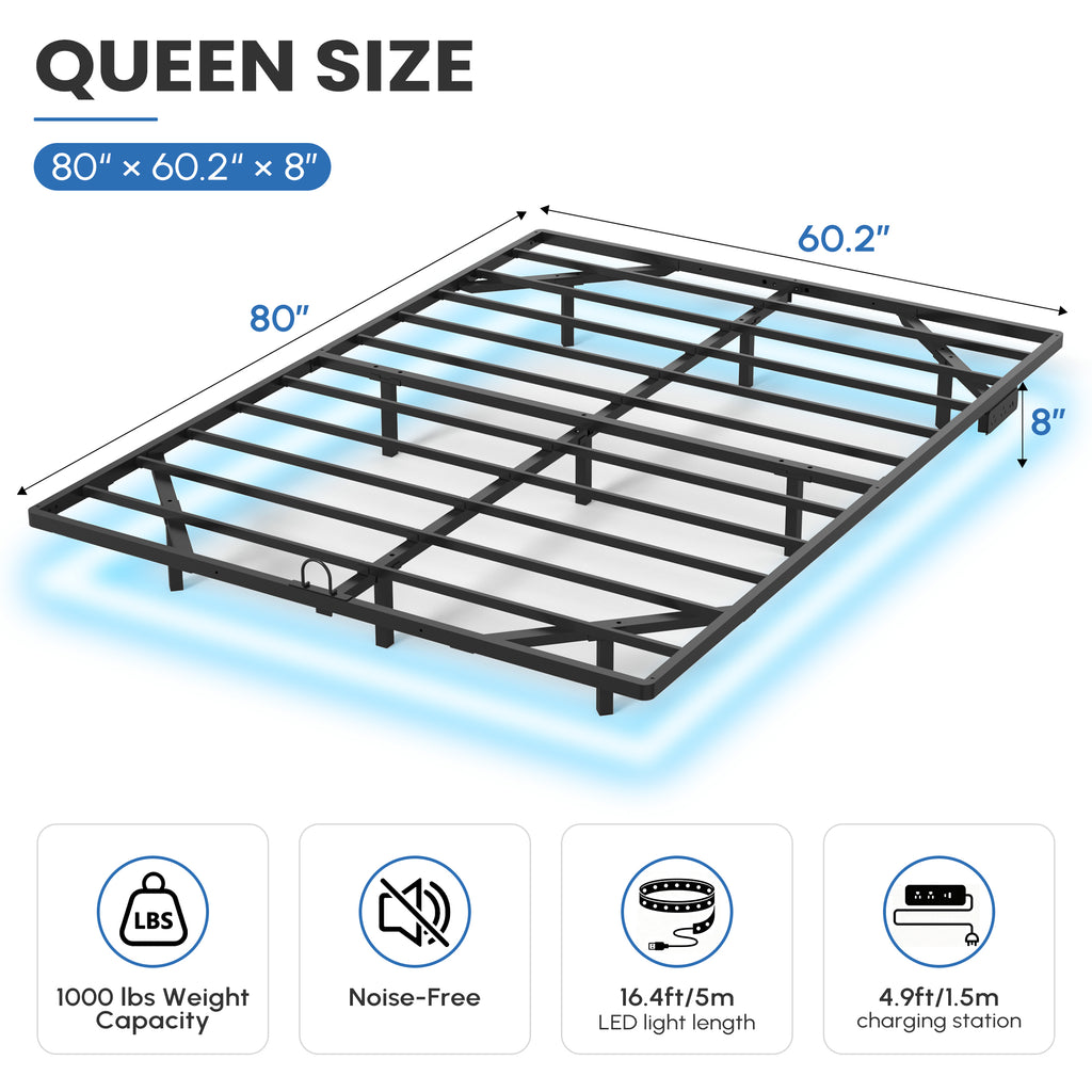 Floating Bed Frame Queen with Smart LED Lights and Charging Station, Modern Heavy Duty Metal Platform Bed, Easy Assembly, No Box Spring Needed