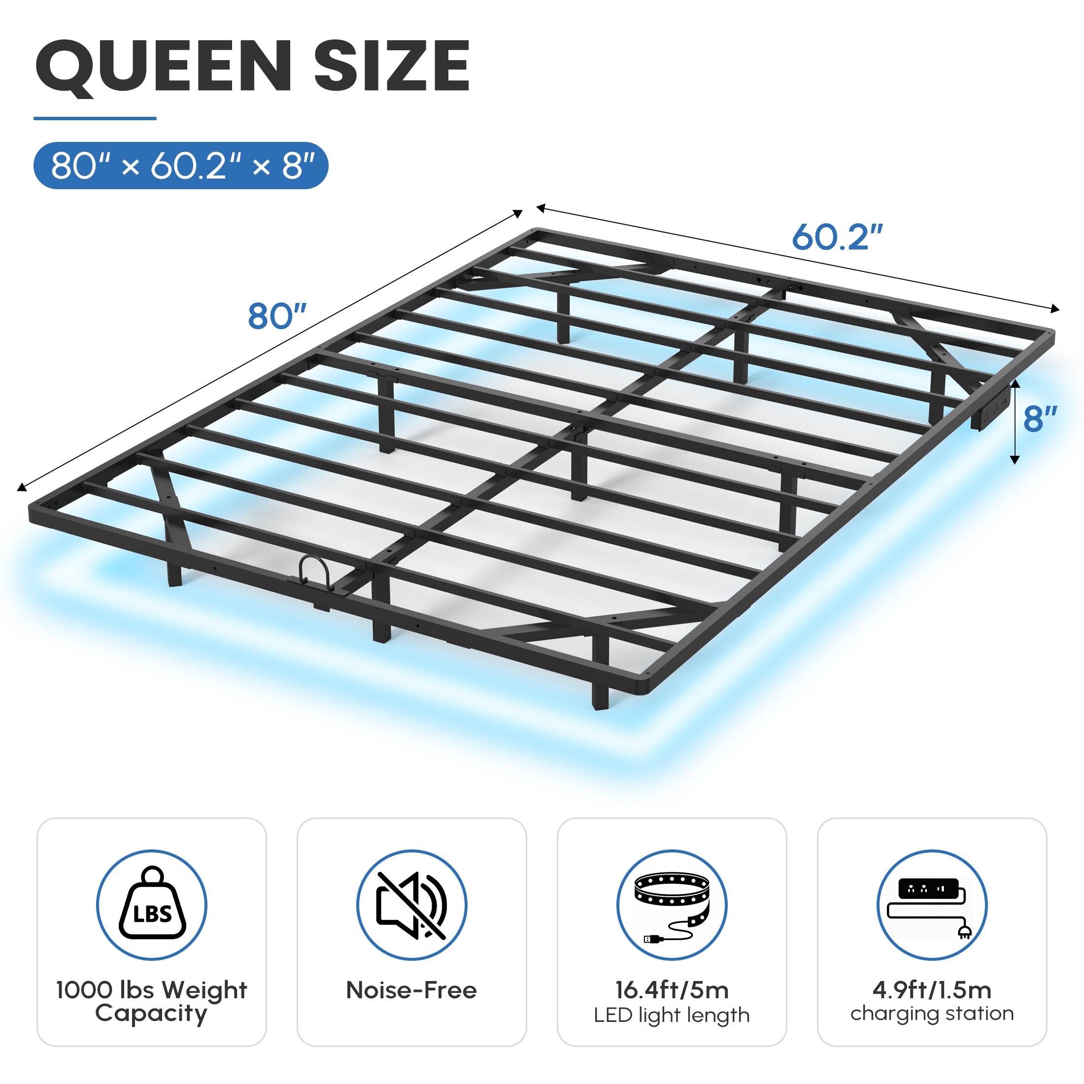 Floating Bed Frame Queen with Smart LED Lights and Charging Station, Modern Heavy Duty Metal Platform Bed, Easy Assembly, No Box Spring Needed