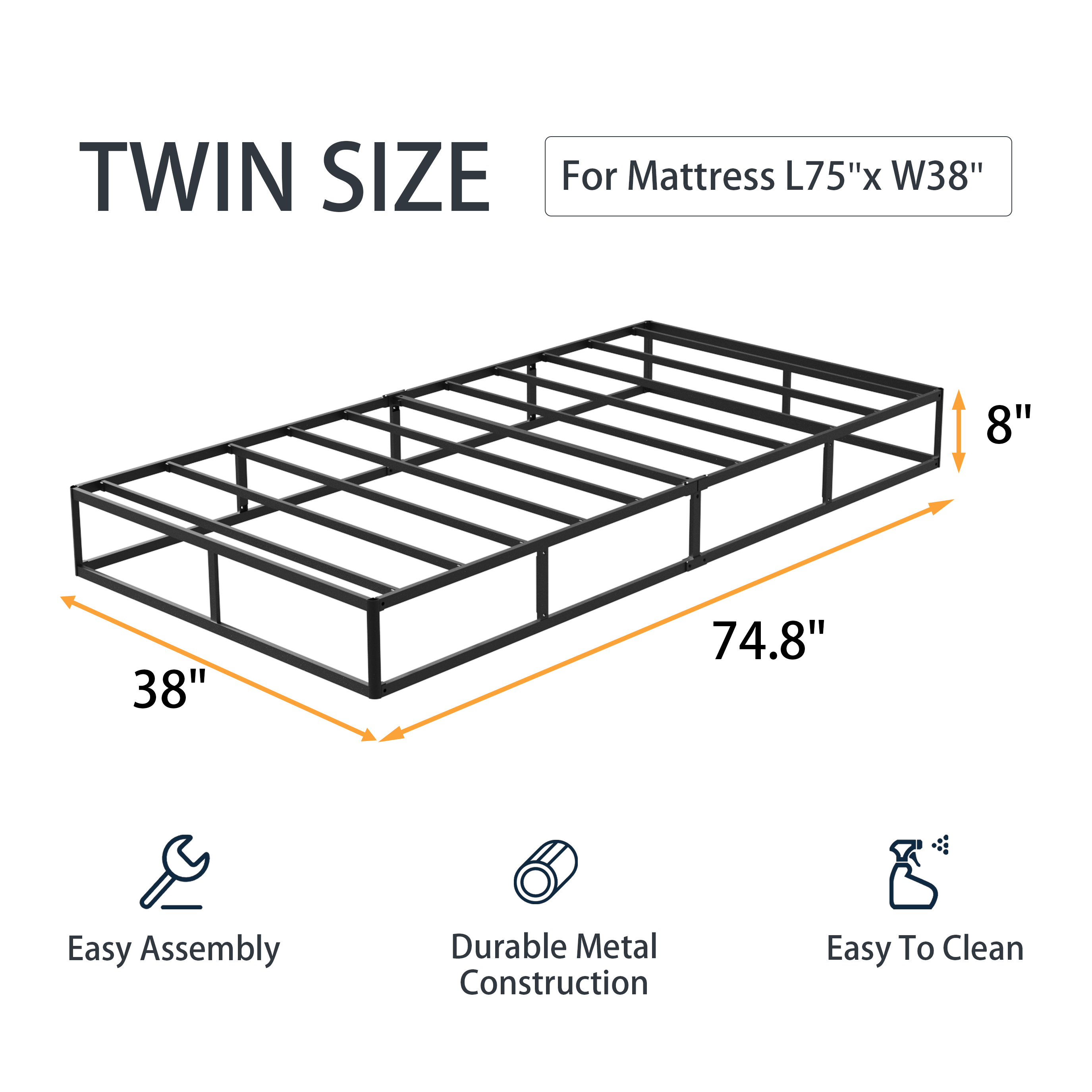 8-Inch Box Spring, Heavy Duty Metal Mattress Foundation with Fabric Cover, Easy Assembly, Noise-Free